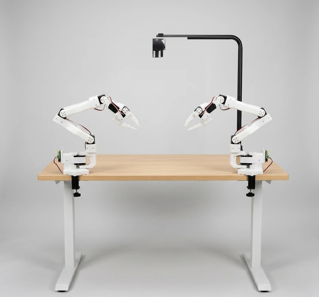 The Packout workstation — two robot arms and an overhead camera on a table