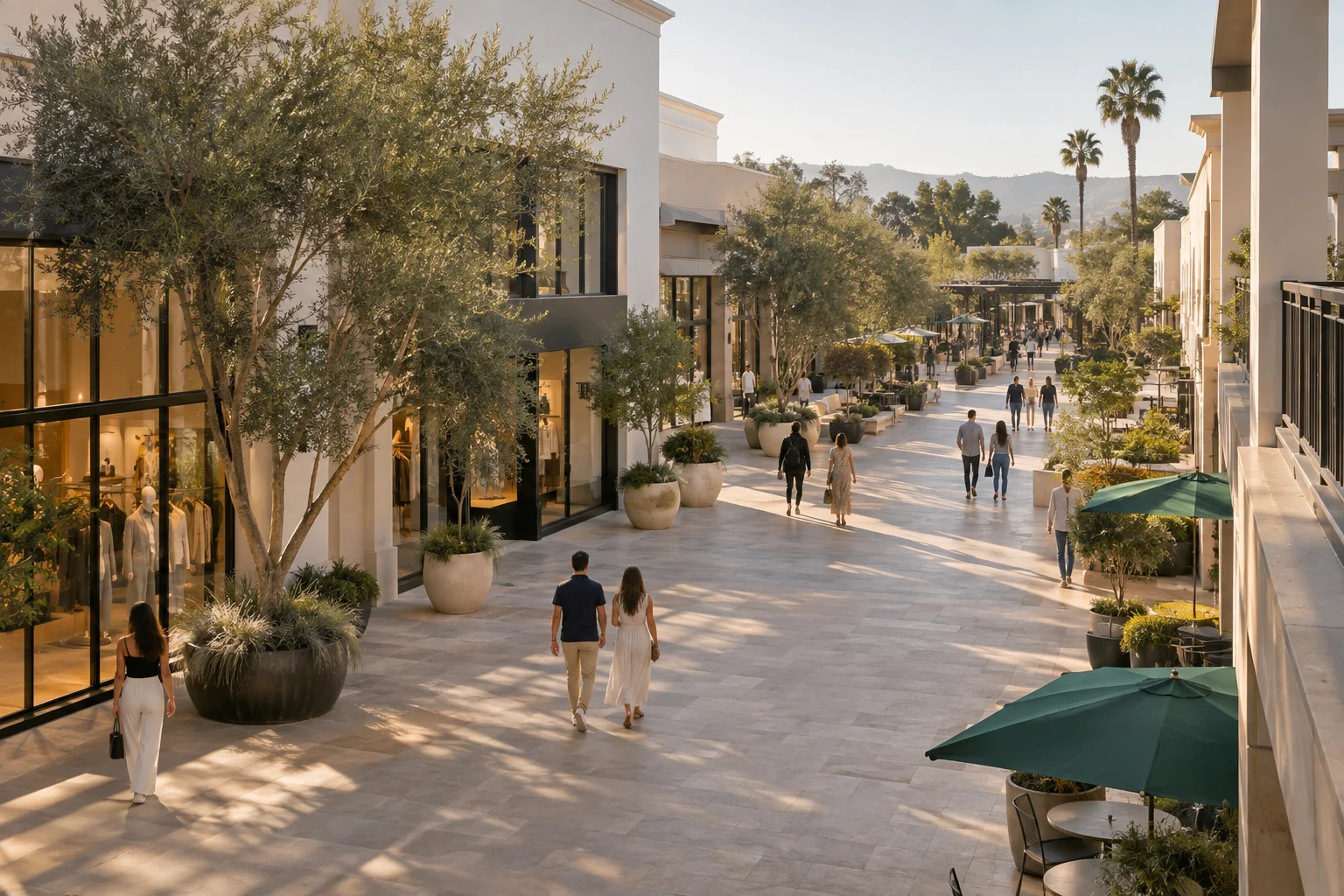 Illustrative Southern California shopping center with an open pedestrian walkway and storefronts