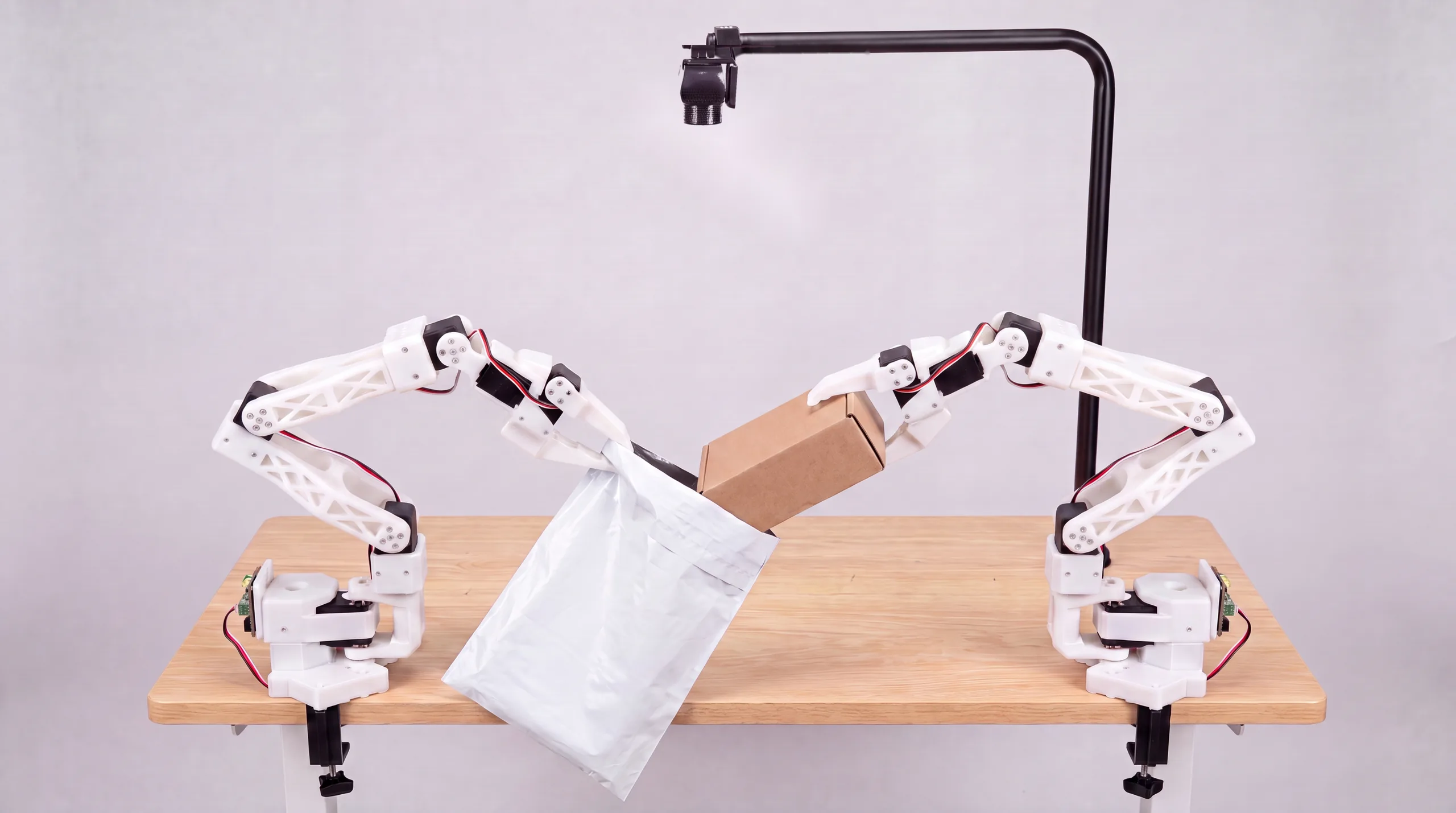 Robot arms inserting a box into a poly mailer